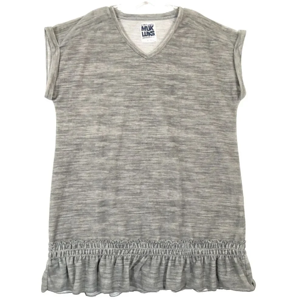 Muk Luks Pullover Nightgown Sleepshirt Marled Gray Size Large Ruffled Hem